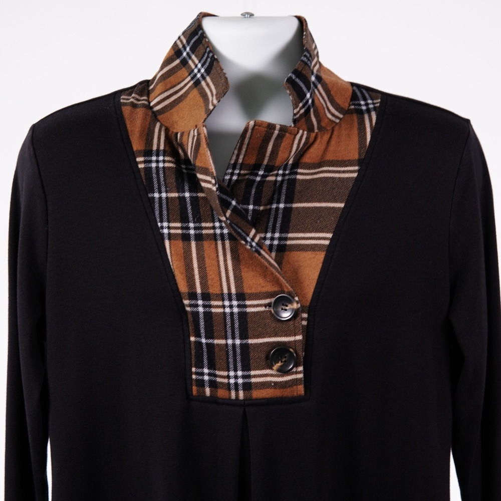 Gaharu Women's Large Blue Tan Plaid Shawl Collar Top Long Sleeve Tunic